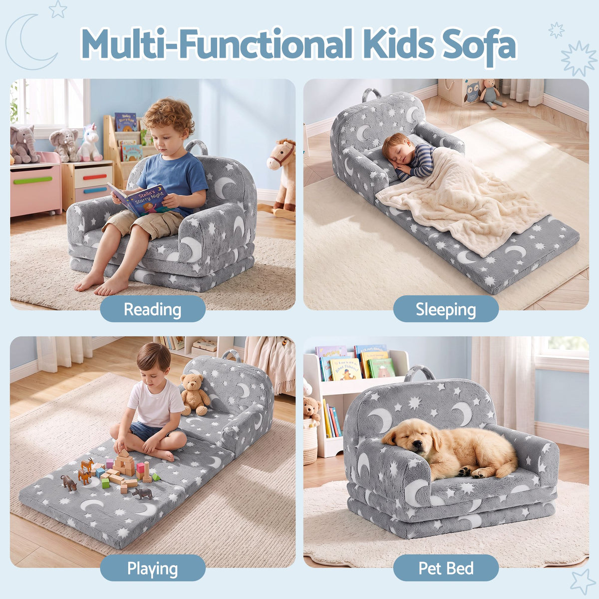 Keezi Kids 2 - 1 Fold Out Sofa Bed w/Removable Washable Cover, Carry Grey
