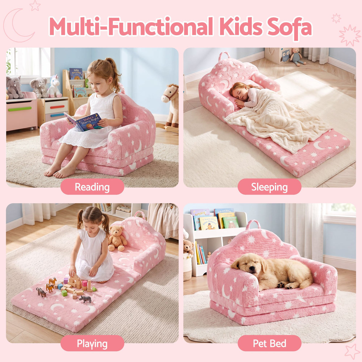 Keezi Kids 2 - 1 Fold Out Sofa Bed w/Removable Washable Cover, Carry Pink