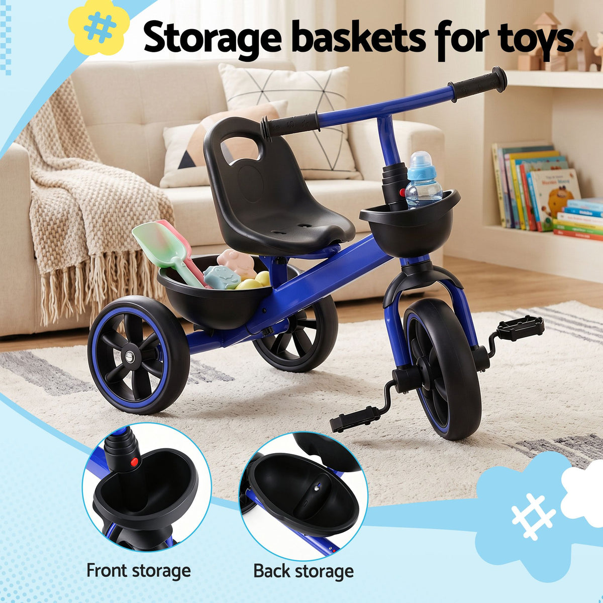 RIGO Tricycle Bike, Kids Bike with 3 wheels, basket Carbon Steel 68cm Blue