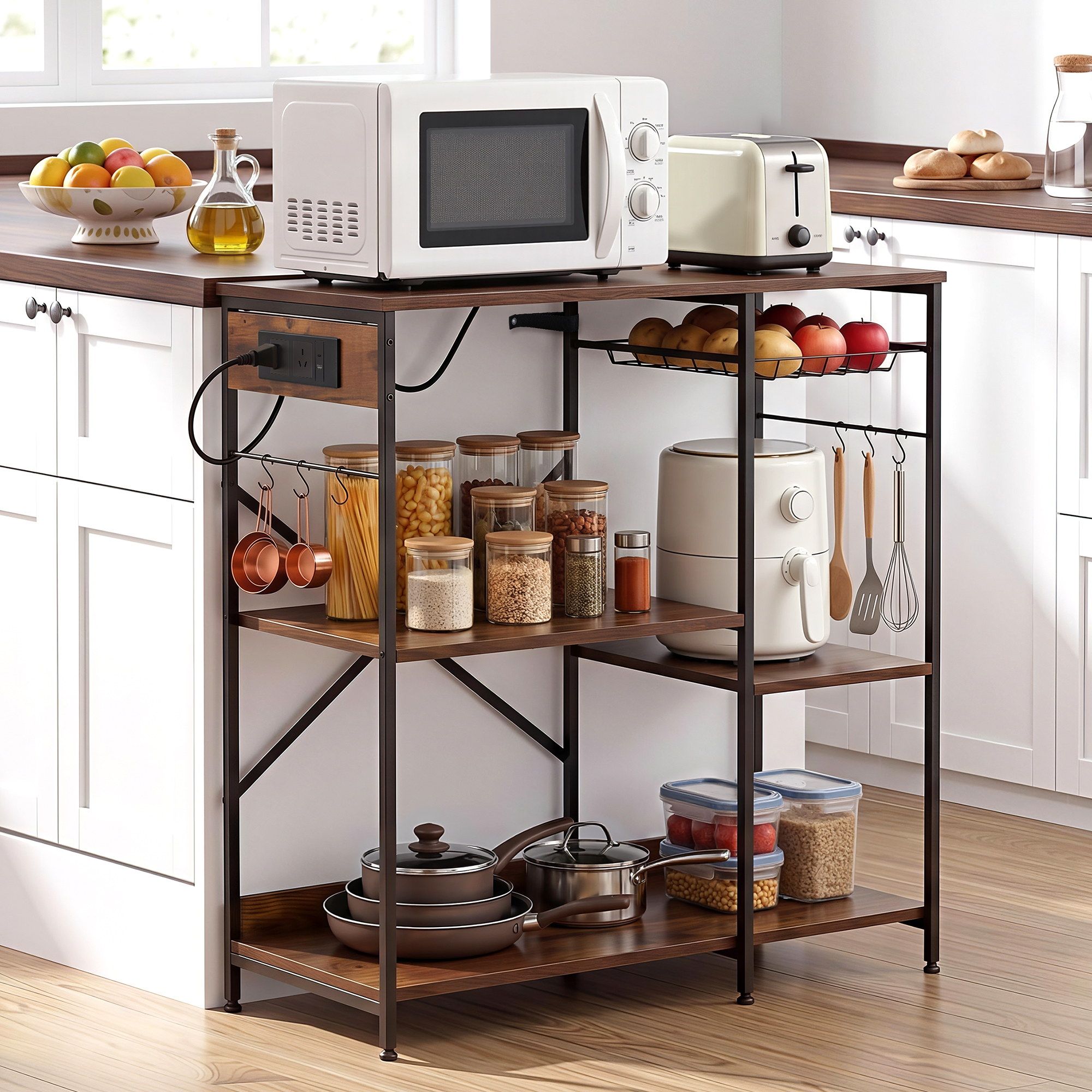Artiss 3-Tier Kitchen Rack 90CM Microwave Storage Shelf 6 Hooks - 613308