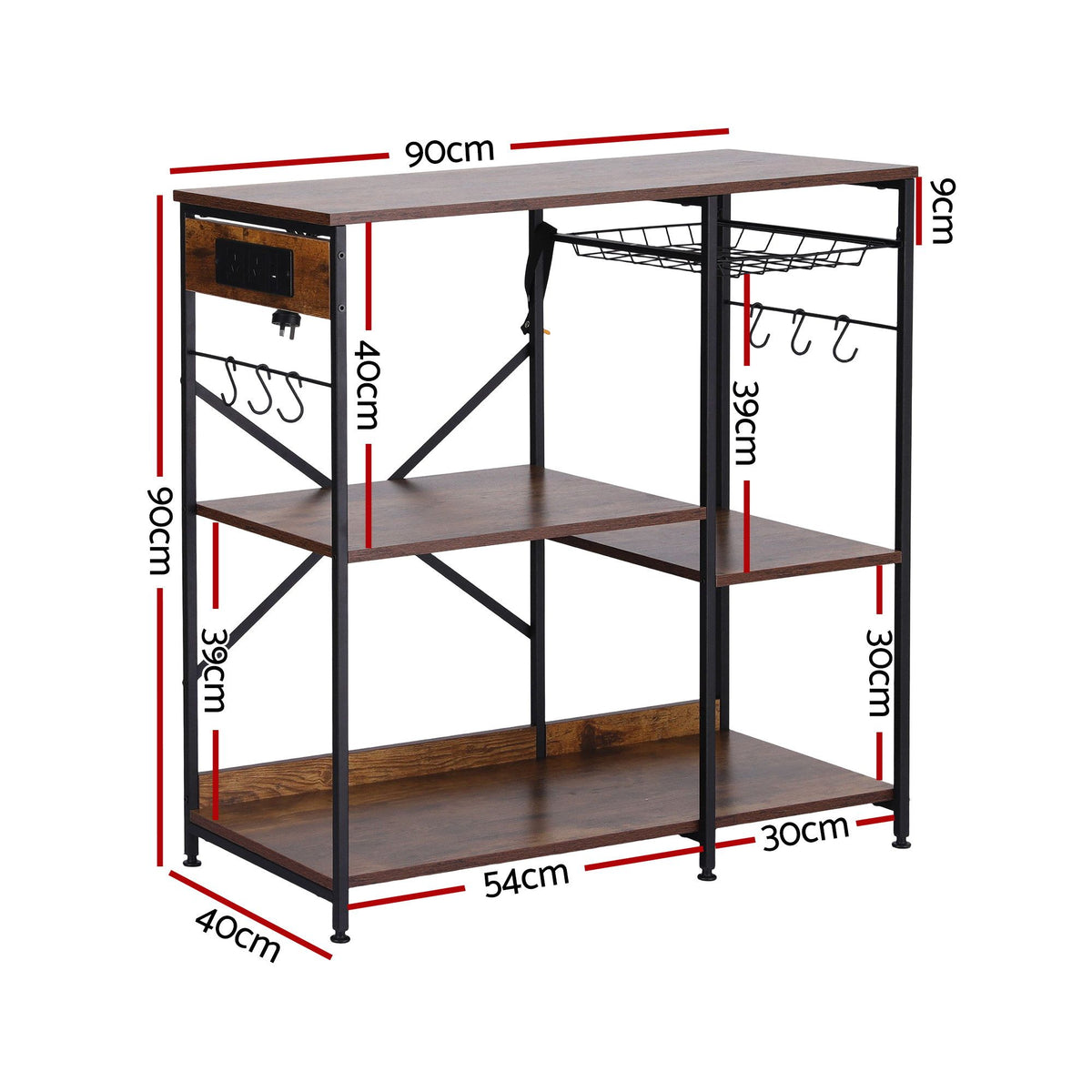 Artiss 3-Tier Kitchen Rack 90CM Microwave Storage Shelf 6 Hooks - 613308