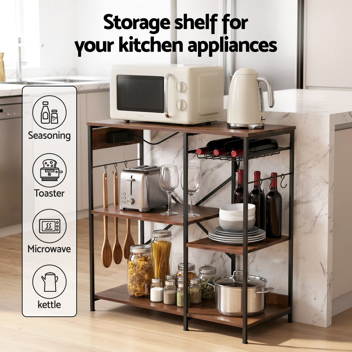 Artiss 3-Tier Kitchen Rack 90CM Microwave Storage Shelf 6 Hooks - 613308