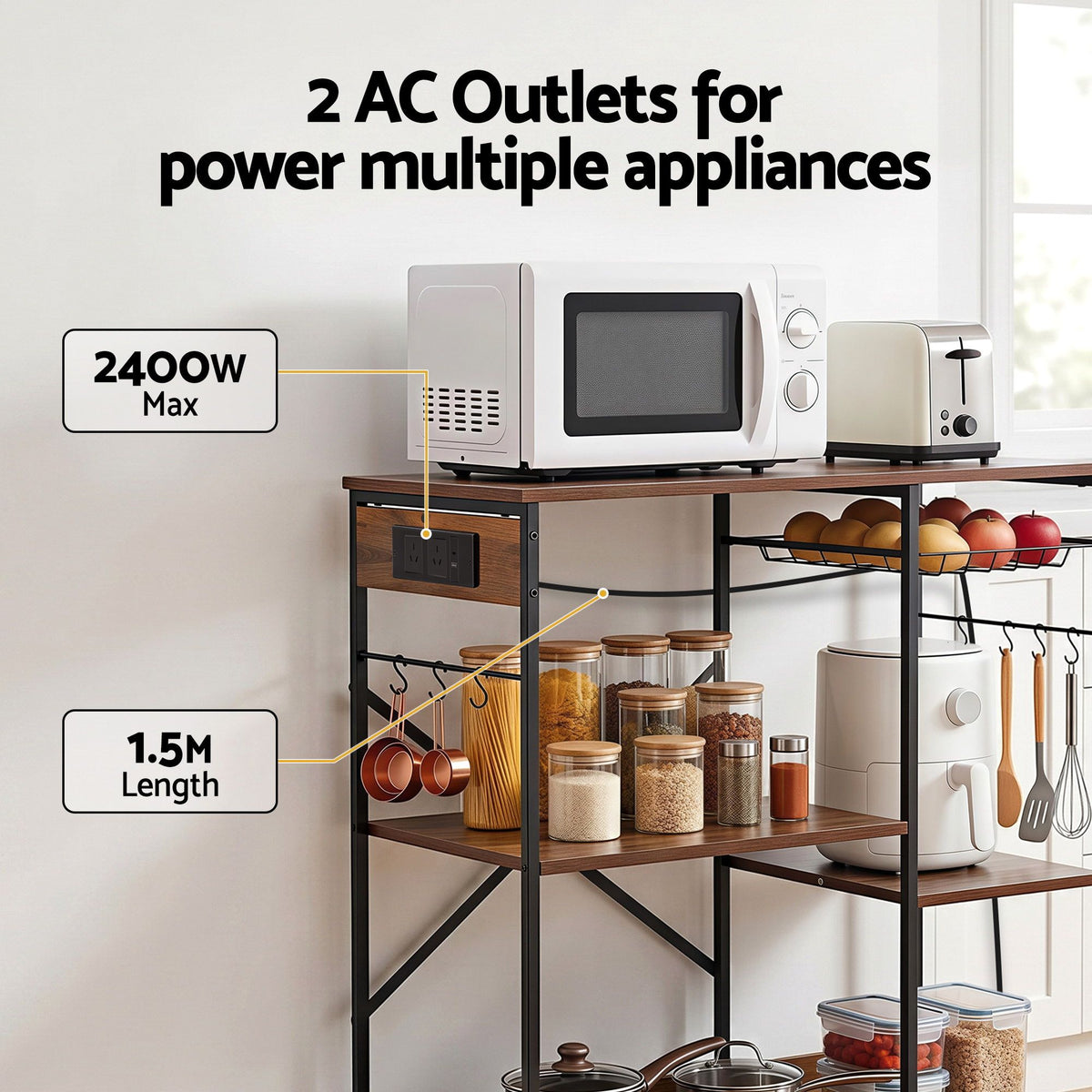 Artiss 3-Tier Kitchen Rack 90CM Microwave Storage Shelf 6 Hooks - 613308