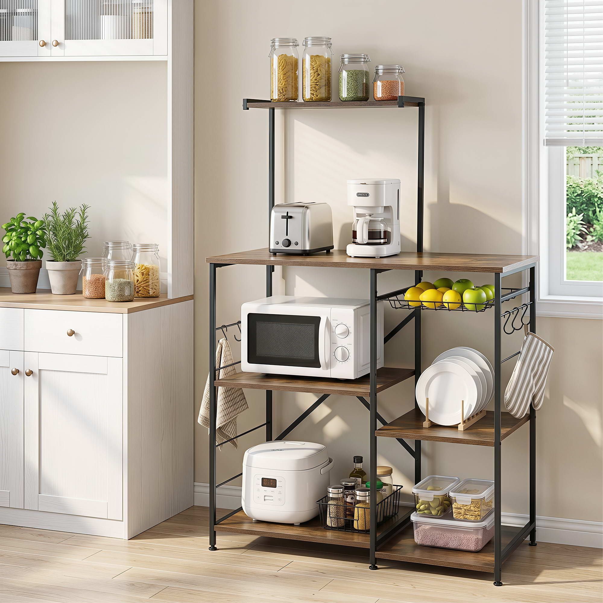 Artiss 4-Tier Kitchen Rack with Pull Out Basket 6 Hooks Microwave Storage Shelf