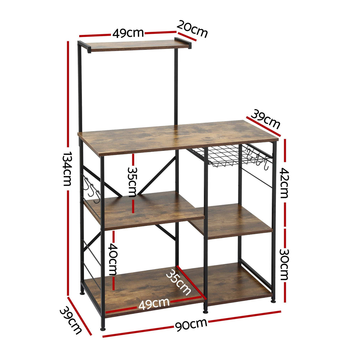 Artiss 4-Tier Kitchen Rack with Pull Out Basket 6 Hooks Microwave Storage Shelf