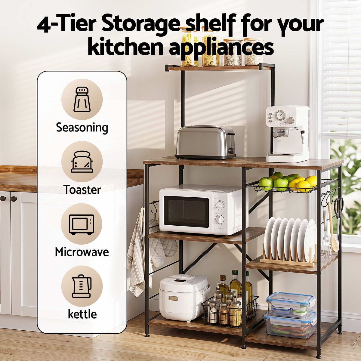 Artiss 4-Tier Kitchen Rack with Pull Out Basket 6 Hooks Microwave Storage Shelf