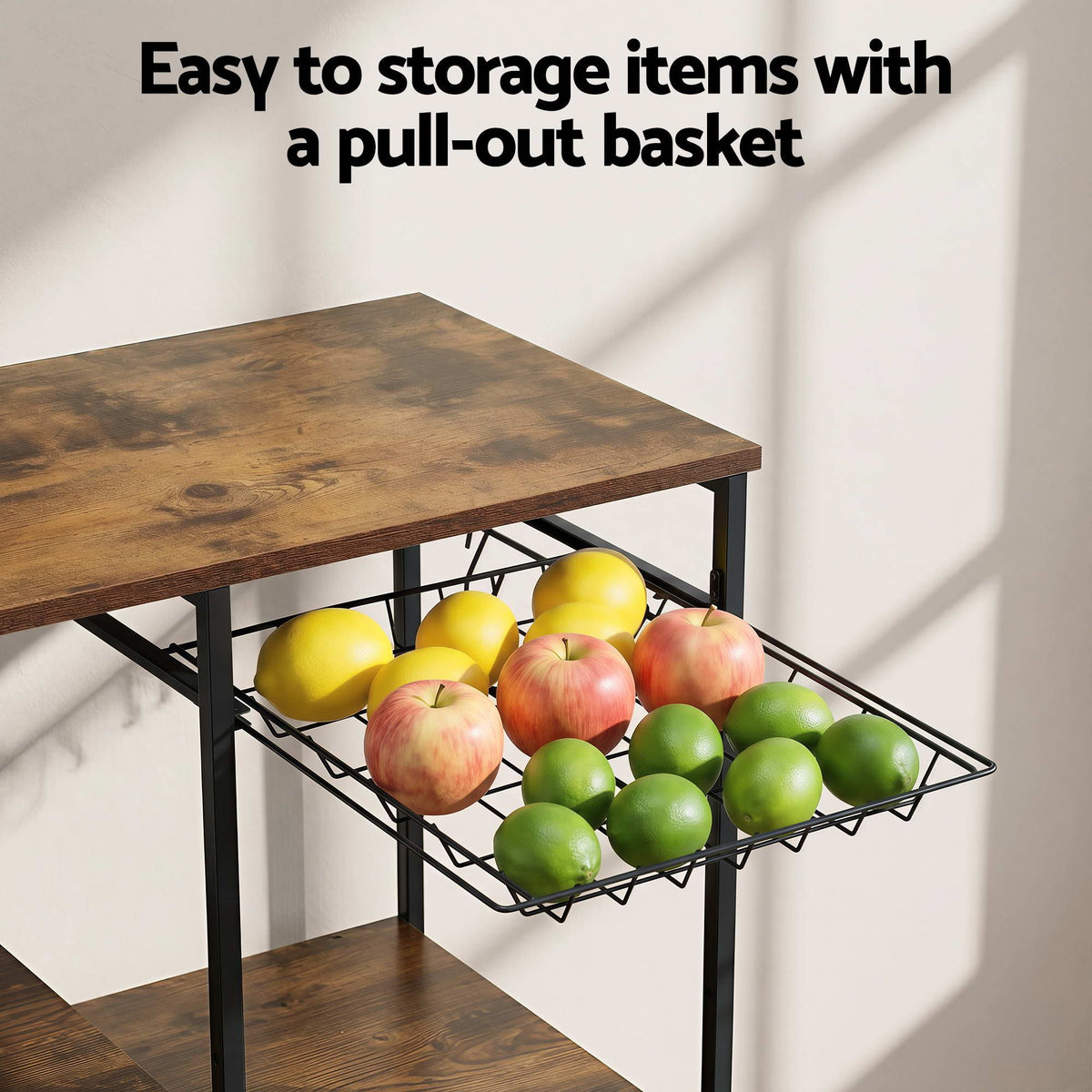 Artiss 4-Tier Kitchen Rack with Pull Out Basket 6 Hooks Microwave Storage Shelf