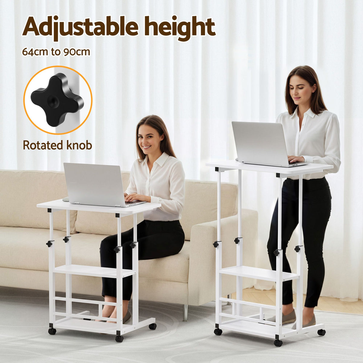 Artiss Laptop Desk Height Adjustable Mobile Workstation C - LA-DESK-C-60-2T-WHWH