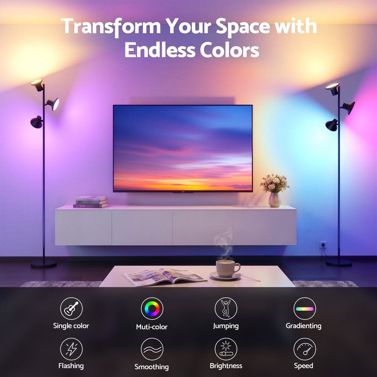 Artiss RGB Floor Lamp LED with 3 Swivel Lights Color Changing Lamp with Remote Stepless Dimmable