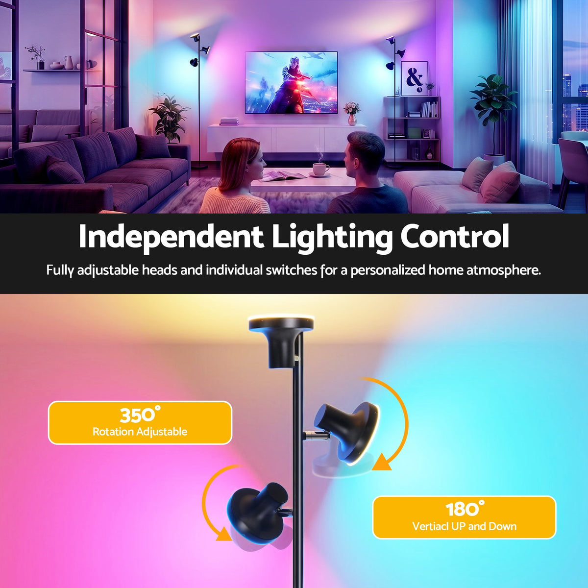 Artiss RGB Floor Lamp LED with 3 Swivel Lights Color Changing Lamp with Remote Stepless Dimmable