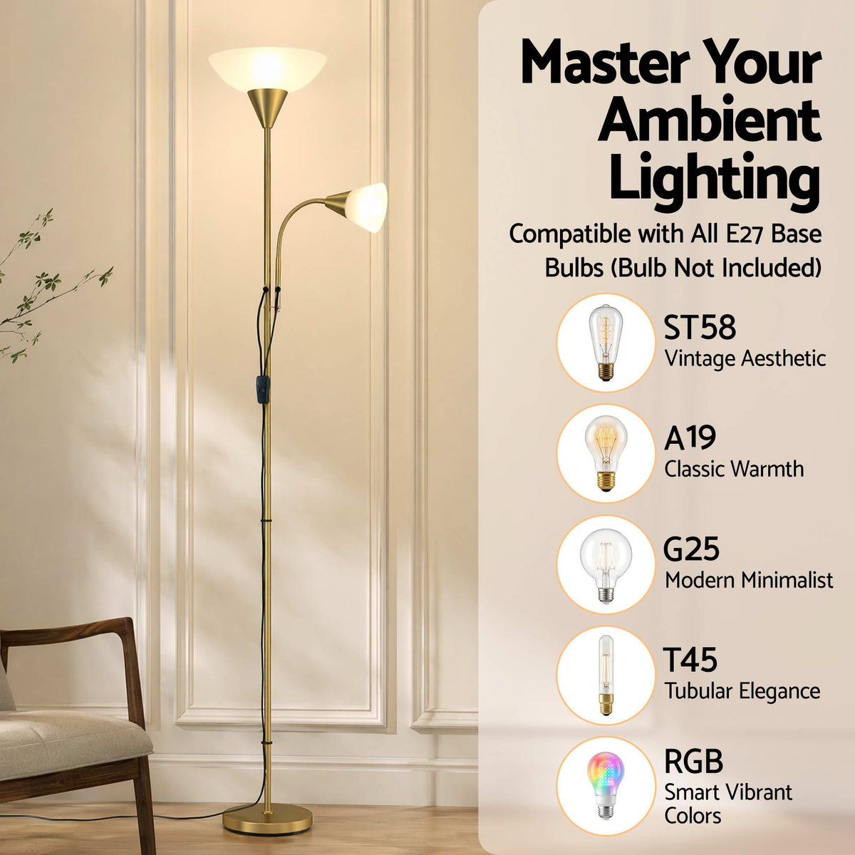 Artiss Gold Floor Lamp with Reading Light | Mother and Child Standing Lamp with 360 Flexible Gooseneck, Individual Switch & Plate Shade, E27 & E14 Bulb (Not Included) Home Living Room Office Reading