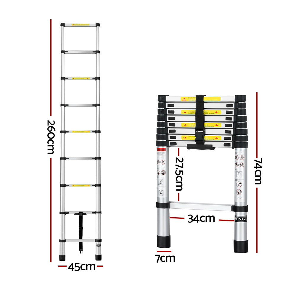 Giantz 2.6M Telescopic Ladder Aluminium Extension - LD-TLCP-ALU-S-2.6M