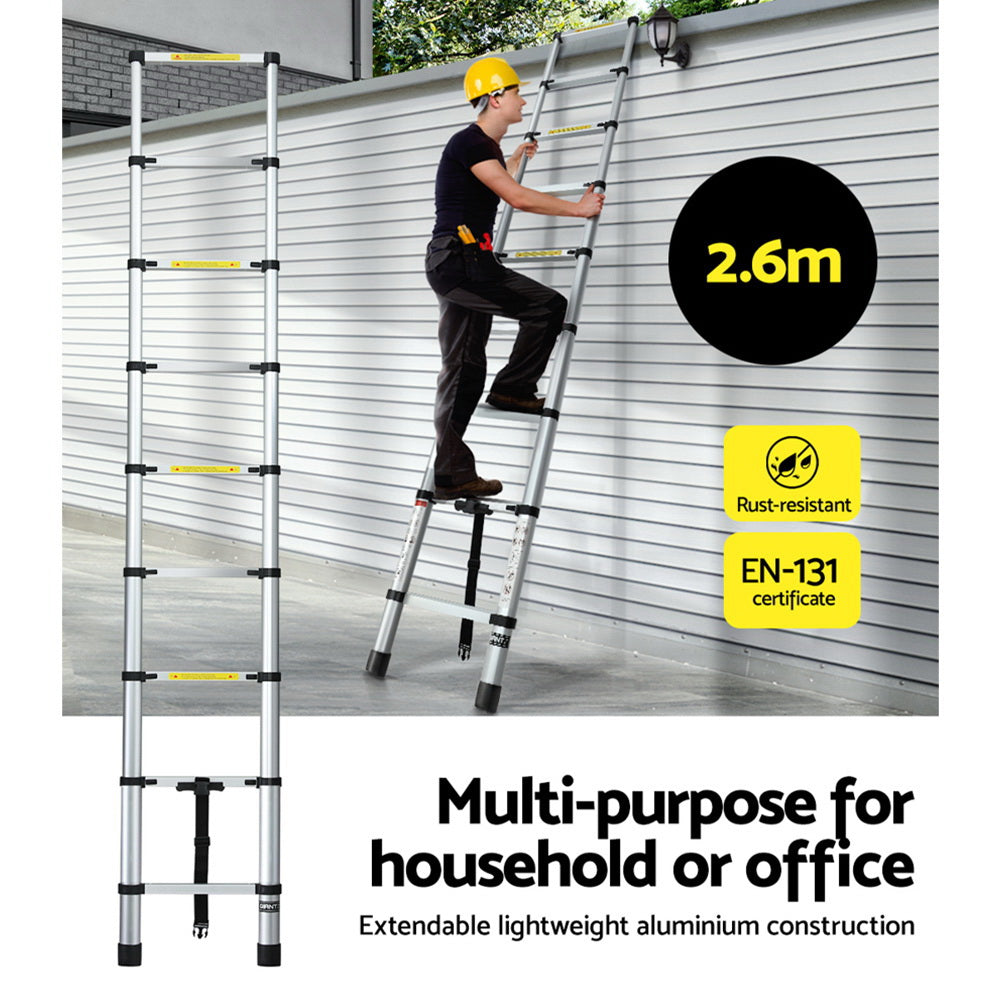 Giantz 2.6M Telescopic Ladder Aluminium Extension - LD-TLCP-ALU-S-2.6M
