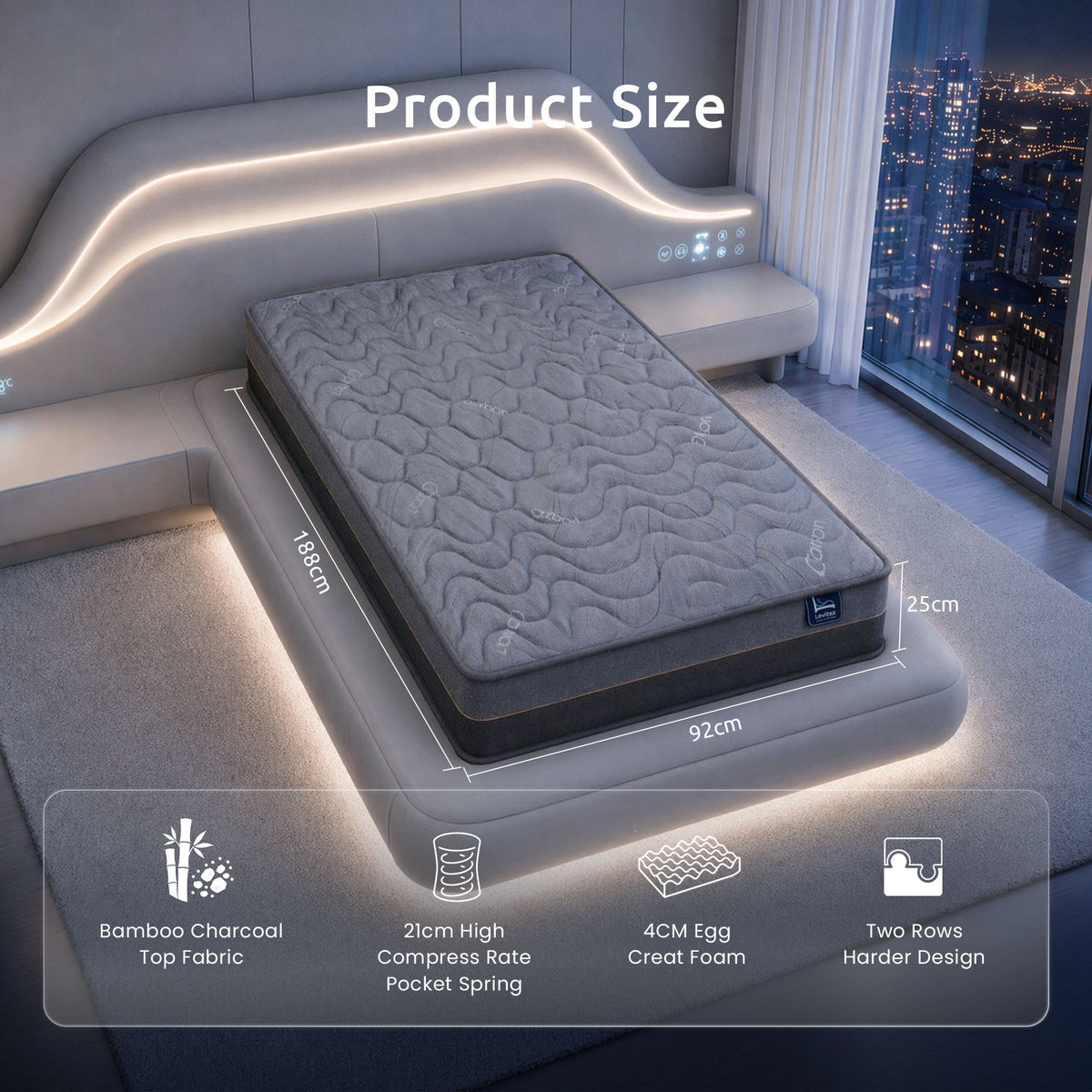 Levitex Single Mattress 25cm Hybrid Pocket Spring Egg Crate Foam - 603477