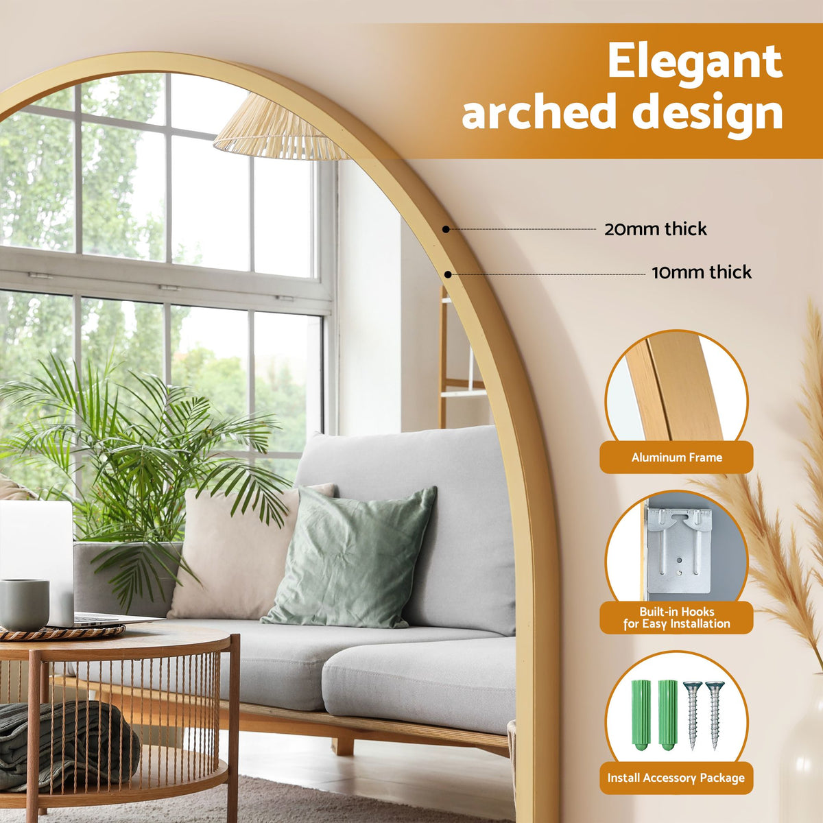 Embellir Arch Wall Mirror, Decorative Gold Frame Mirrors, 61x41cm Bathroom Vanity Mirror, Slim Frame for Living Room Entryway Bedroom Decor