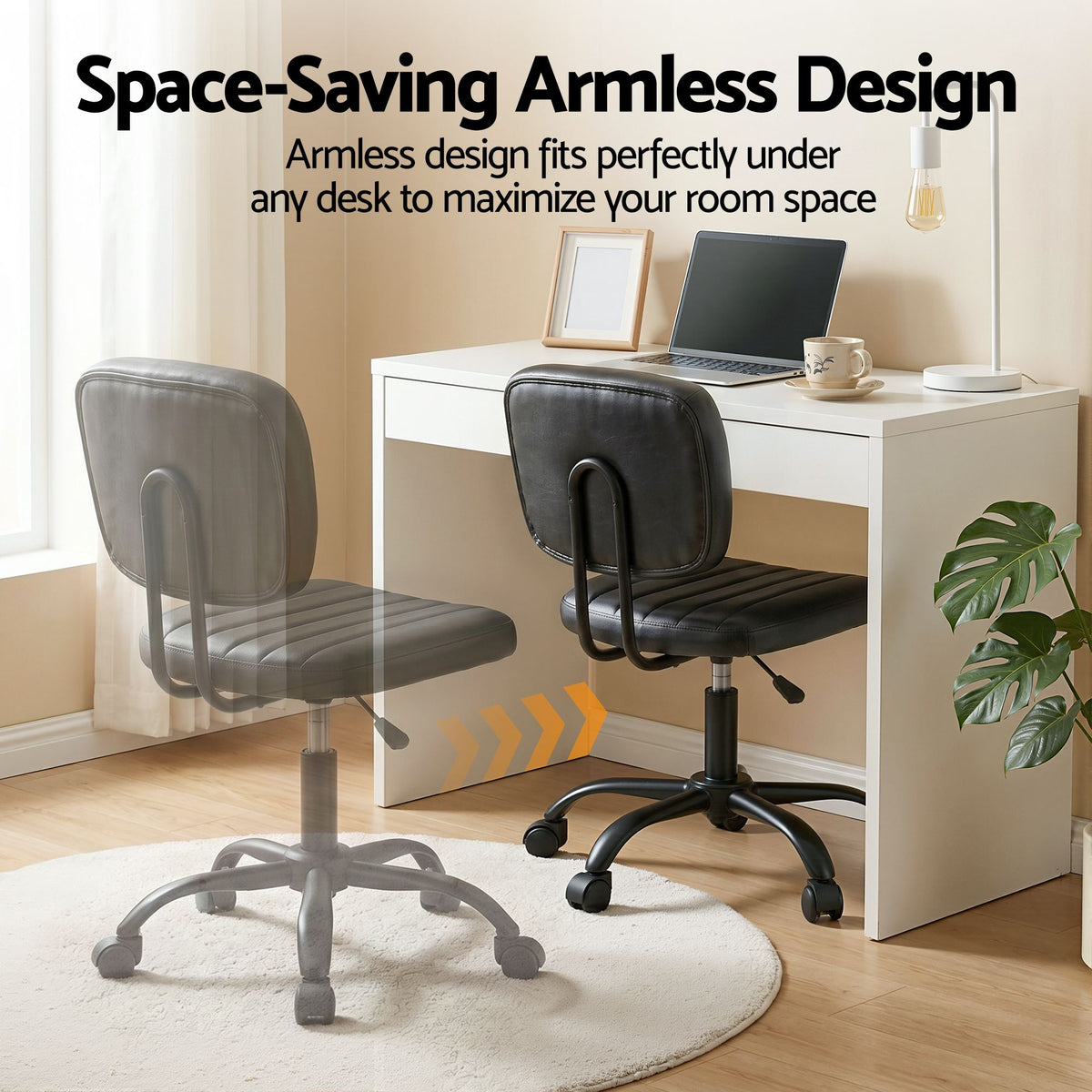Artiss Armless Office Chair with Wheels, Ergonomic PU - OCHAIR-M-1142-PU-BK