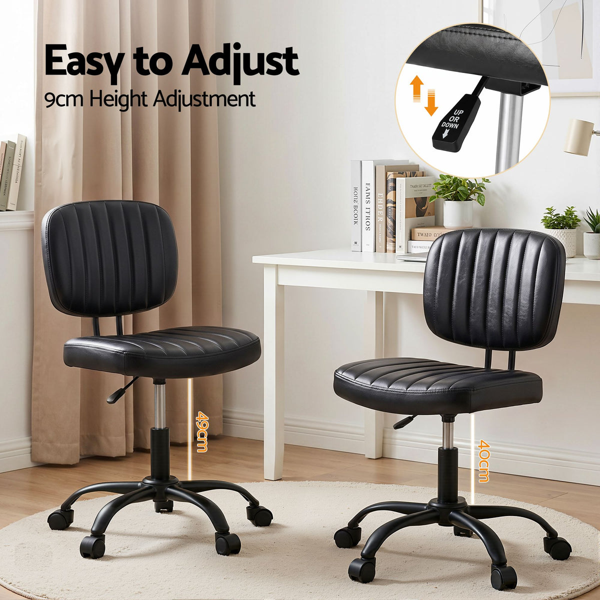 Artiss Armless Office Chair with Wheels, Ergonomic PU - OCHAIR-M-1142-PU-BK
