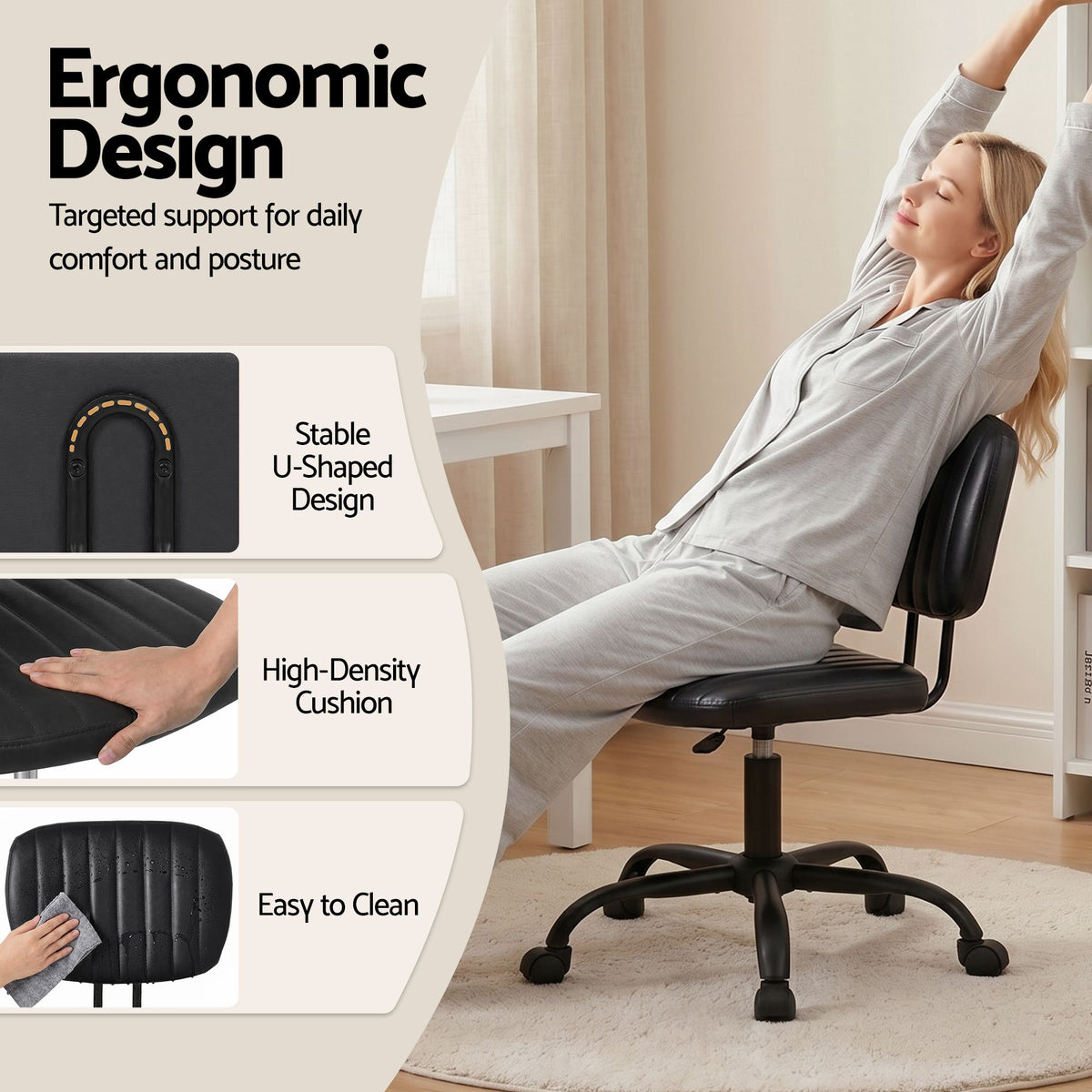 Artiss Armless Office Chair with Wheels, Ergonomic PU - OCHAIR-M-1142-PU-BK