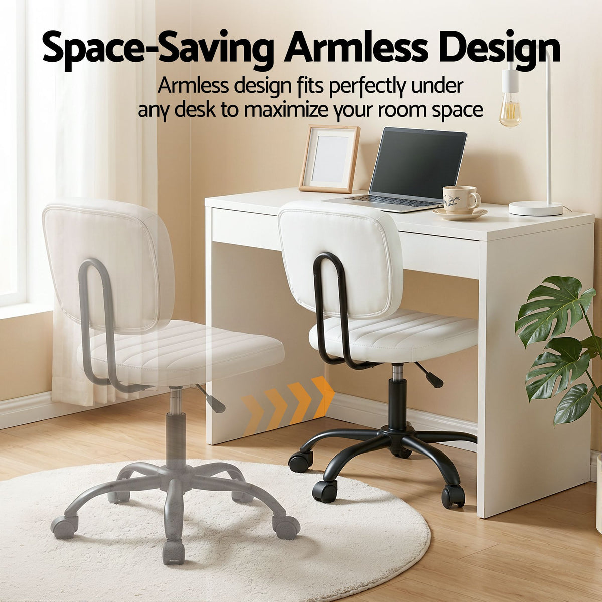 Artiss Armless Office Chair with Wheels, Ergonomic PU - OCHAIR-M-1142-PU-WH