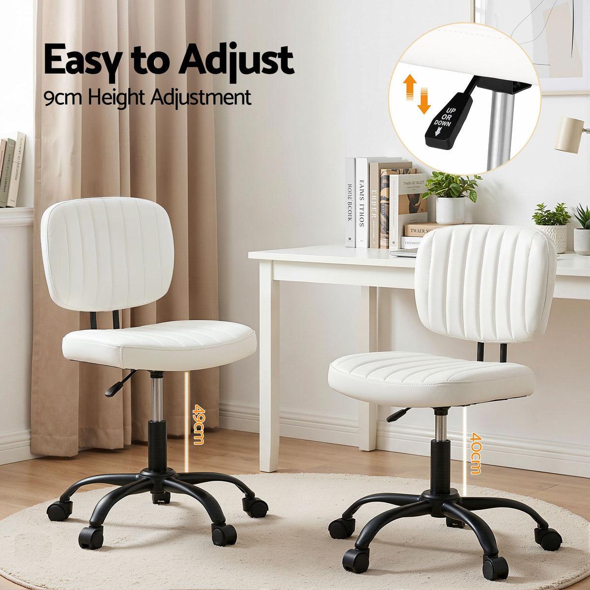Artiss Armless Office Chair with Wheels, Ergonomic PU - OCHAIR-M-1142-PU-WH
