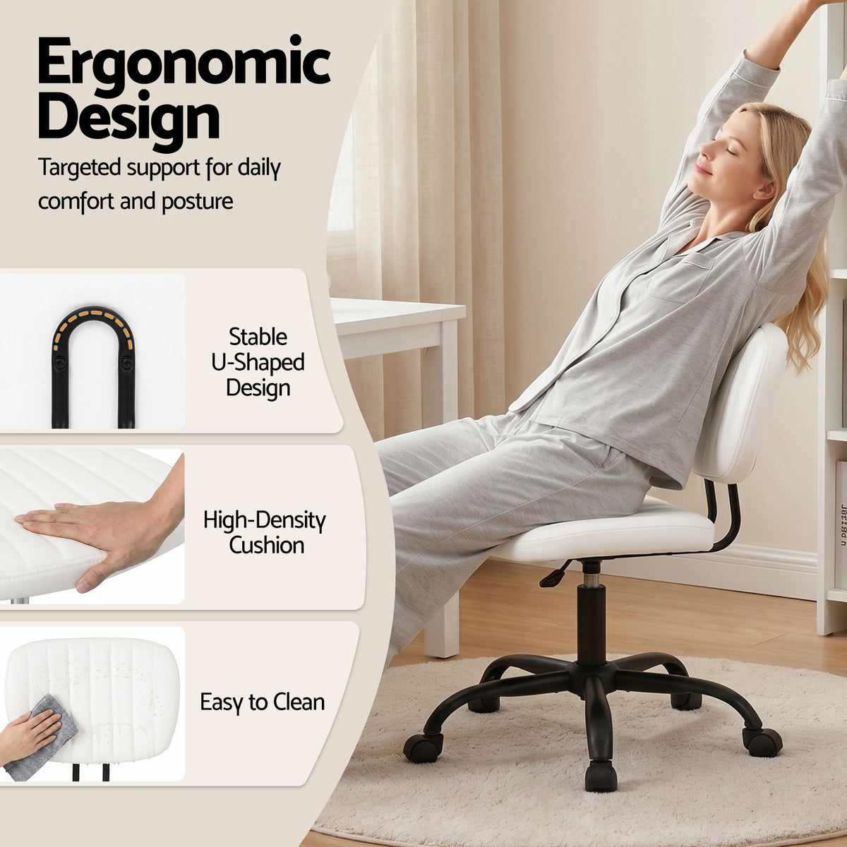 Artiss Armless Office Chair with Wheels, Ergonomic PU - OCHAIR-M-1142-PU-WH