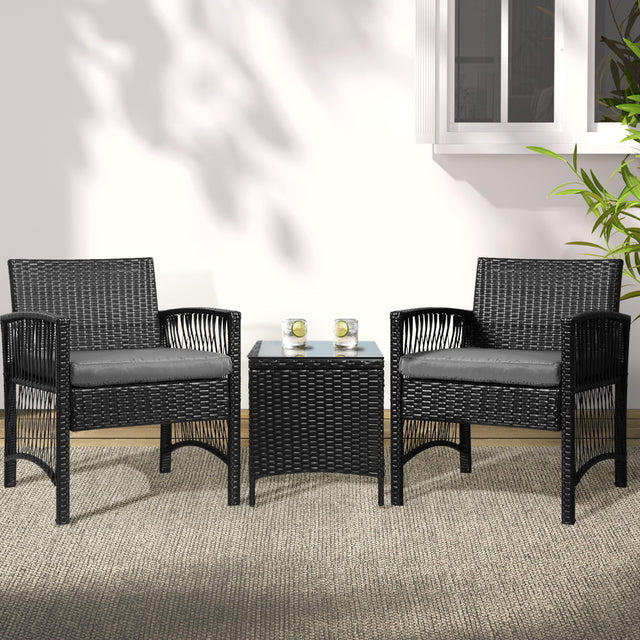 Gardeon 3PC Wicker Outdoor Bistro Set Chairs Table Cushions Black
