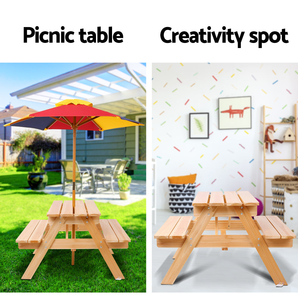 Keezi Kids Wooden Picnic Table Set with Umbrella - ODF-KID-PICNIC-UM-NW