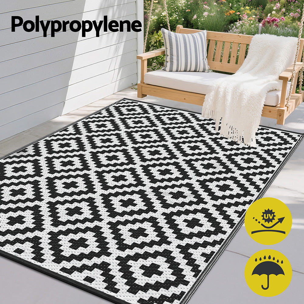 Gardeon Outdoor Rugs 120x180cm Large Carpet Reversible - OR-4X6FT-CROSS-BK