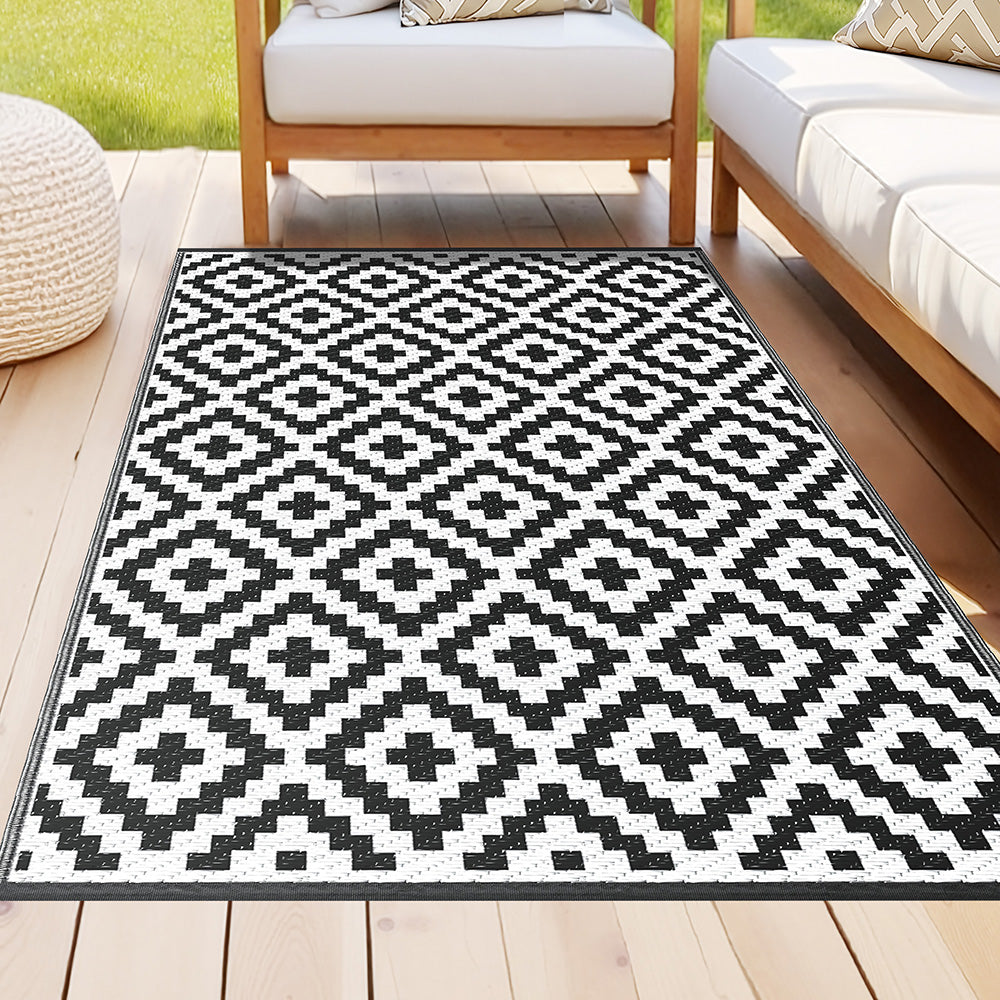 Gardeon Outdoor Rugs 120x180cm Large Carpet Reversible - OR-4X6FT-CROSS-BK
