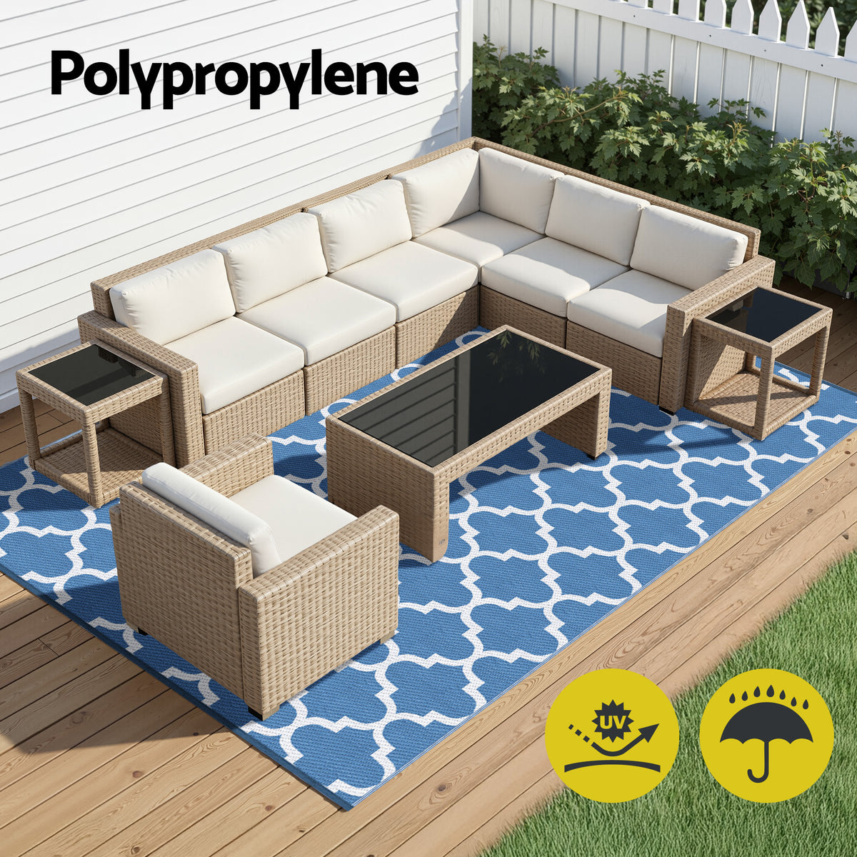 Gardeon Outdoor Rugs 274x366cm Large Carpet Reversible Area Mat PP Dual-Sided Patio Rug Blue