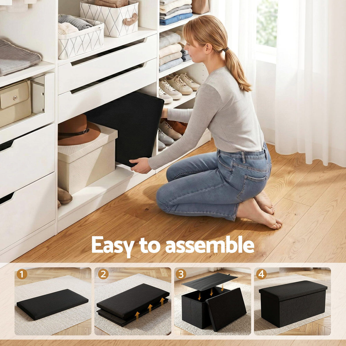 Artiss Storage Ottoman Bench Folding Blanket Box Toy Organiser Foot Stool Black