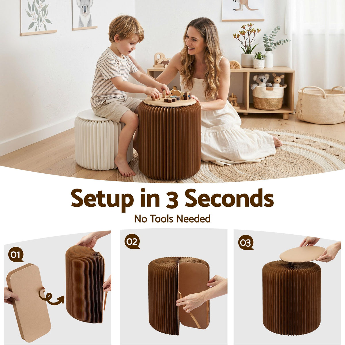 Artiss Accordion Folding Paper Stools Set Includes 2 Cushions Natural Kraft 100KG Capacity