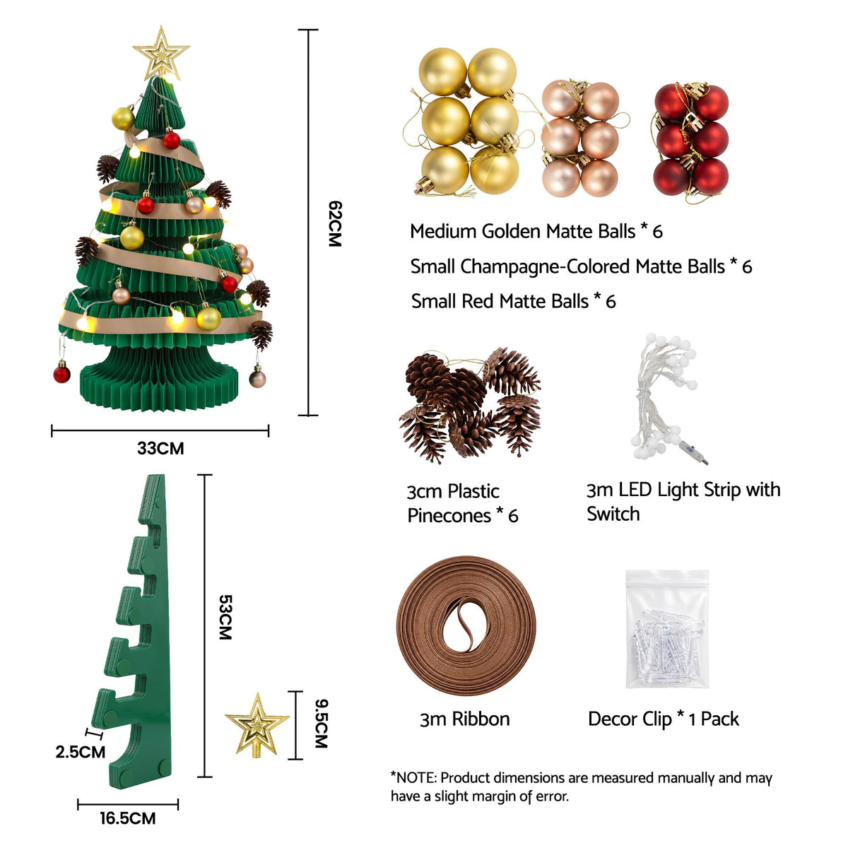 Jingle Jollys Paper Christmas Tree 62CM w/Star Topper LEDs Kit Office Green