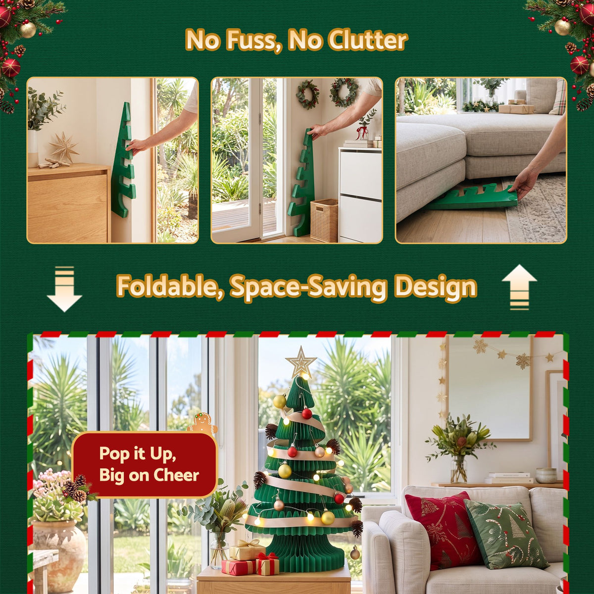 Jingle Jollys Paper Christmas Tree 62CM w/Star Topper LEDs Kit Office Green