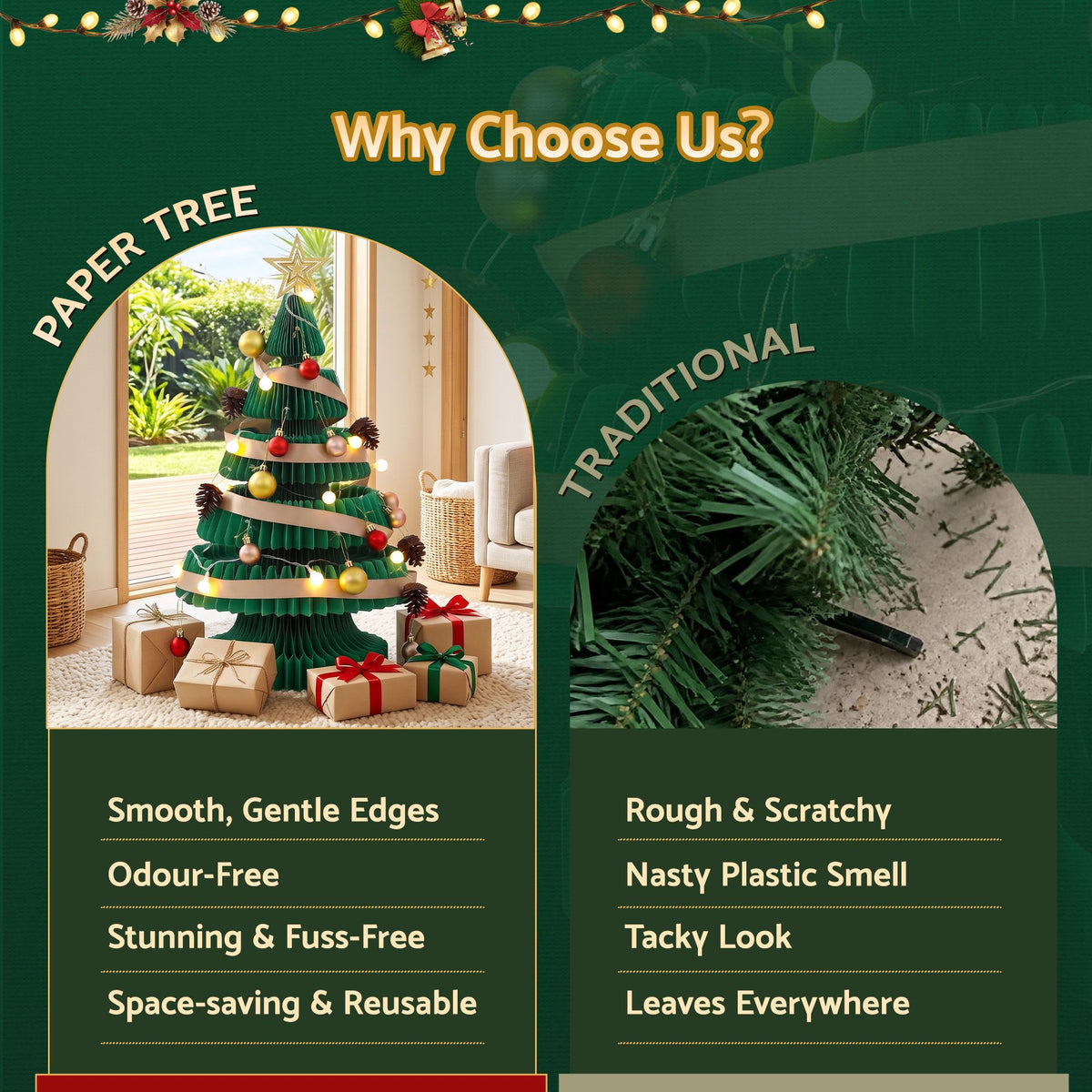 Jingle Jollys Paper Christmas Tree 62CM w/Star Topper LEDs Kit Office Green