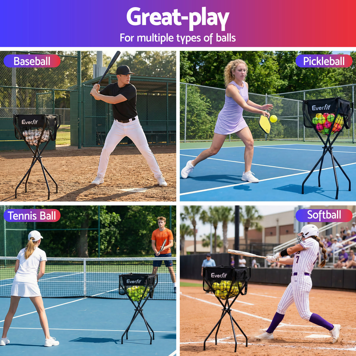 Everfit Portable Ball Cart Foldable Pickleball Tennis Baseball Softball