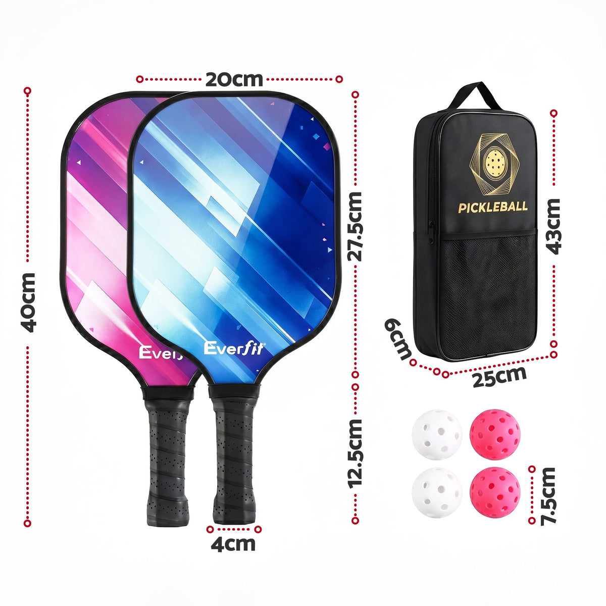 Everfit Pickleball Paddle Set Fibreglass Racquet Honeycomb Core With Bag