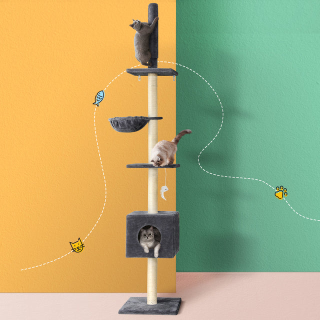 i.Pet Cat Tree 260cm Scratching Post Scratcher Floor Ceiling Cats Bed Dark Grey