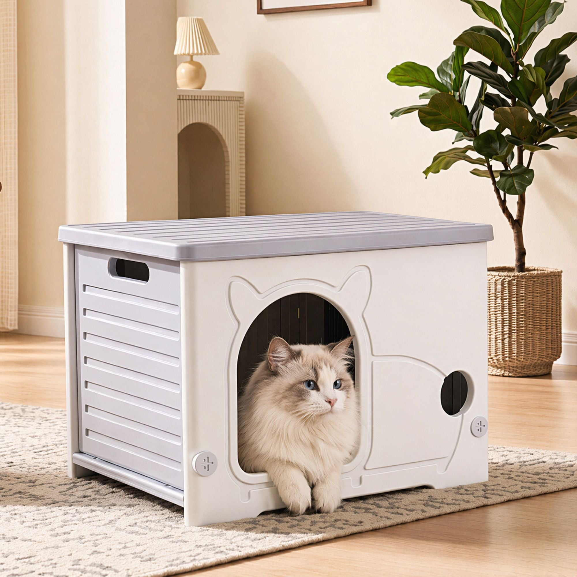 i.Pet Cat House Enclosed Shelter Plastic Nest Stackable Bench Box Outdoor Indoor Grey
