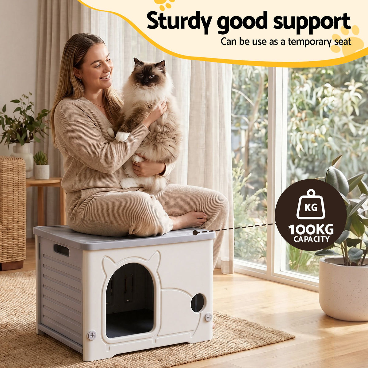 i.Pet Cat House Enclosed Shelter Plastic Nest Stackable Bench Box Outdoor Indoor Grey