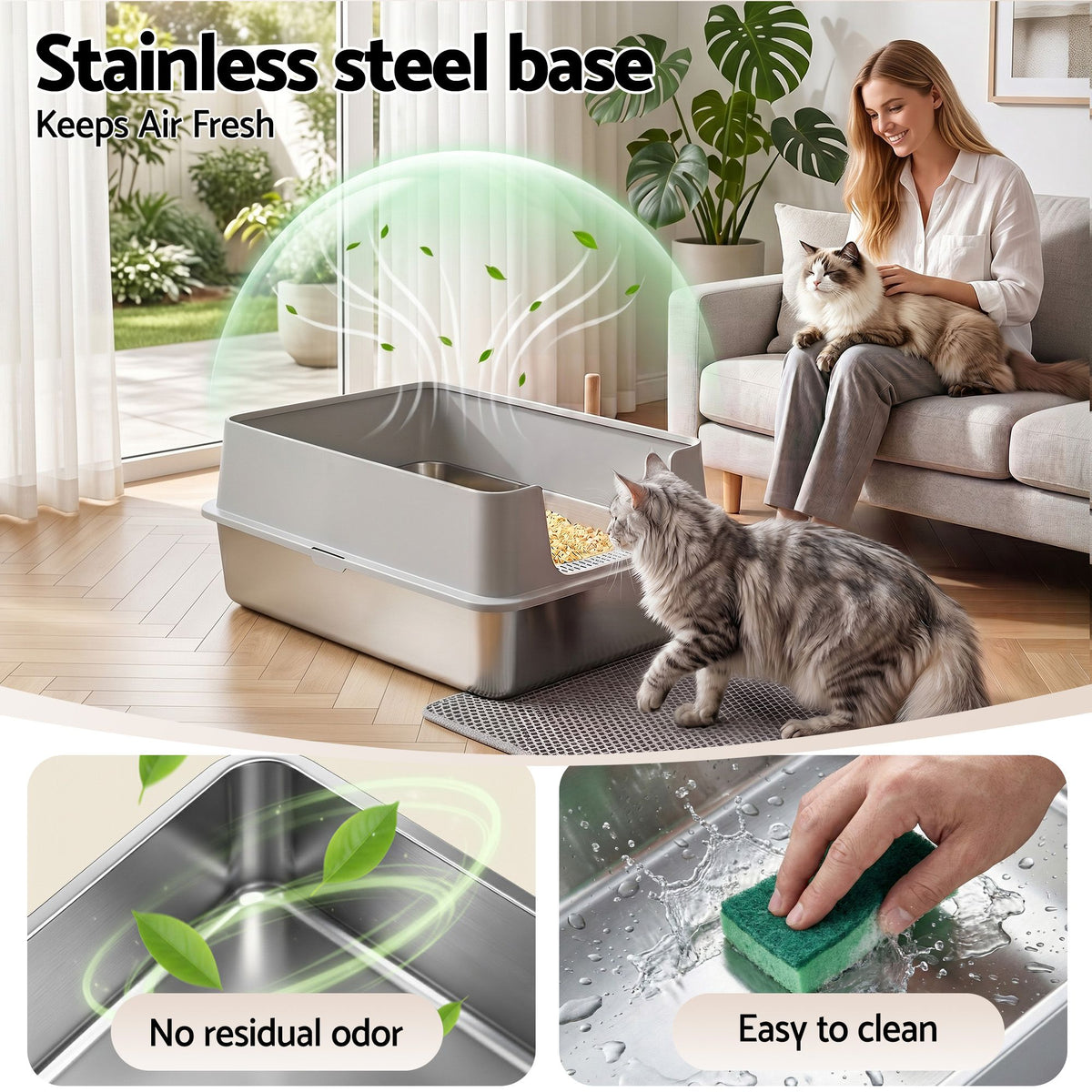 i.Pet XXL Cat Litter Box Stainless Steel Jumbo Semi-Enclosed Pet Kitty Toilet Grey