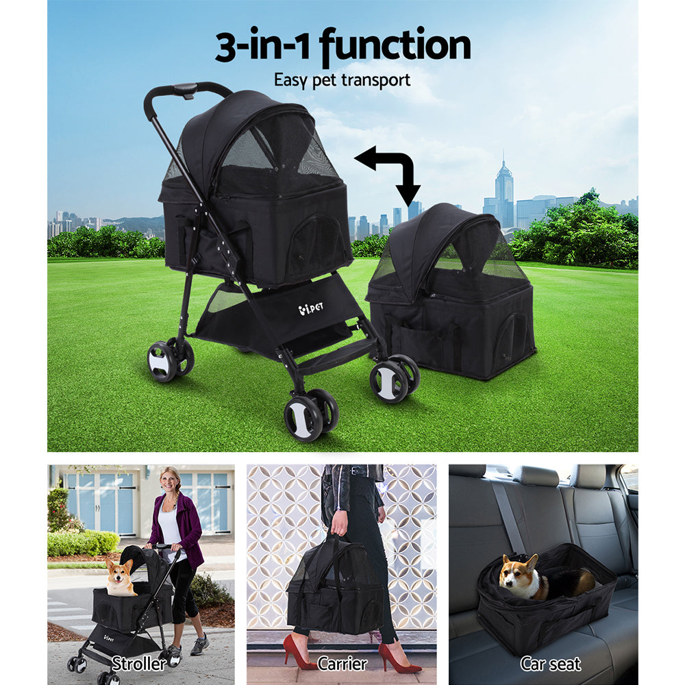 i.Pet Pet Stroller Dog Pram Cat Carrier Travel Large - PET-STROLLER-4WL-M-BK