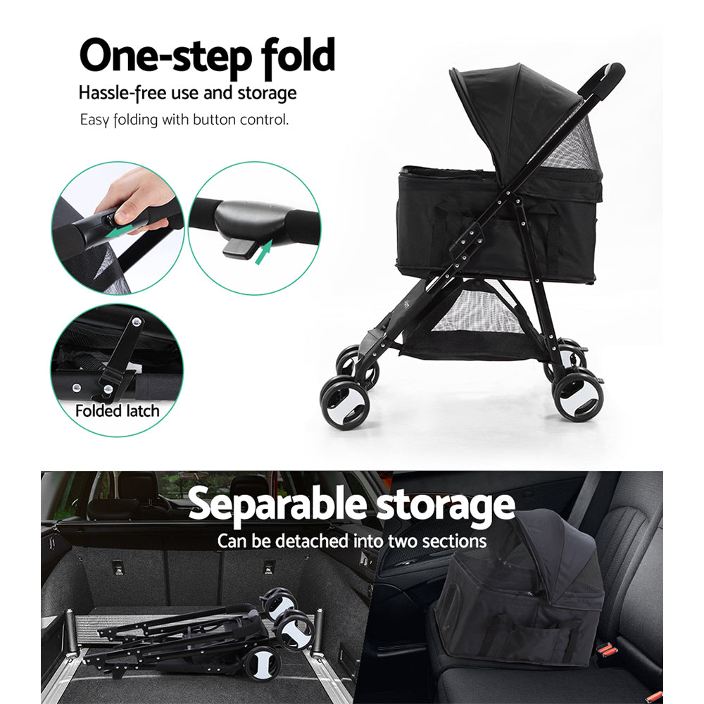 i.Pet Pet Stroller Dog Pram Cat Carrier Travel Large - PET-STROLLER-4WL-M-BK