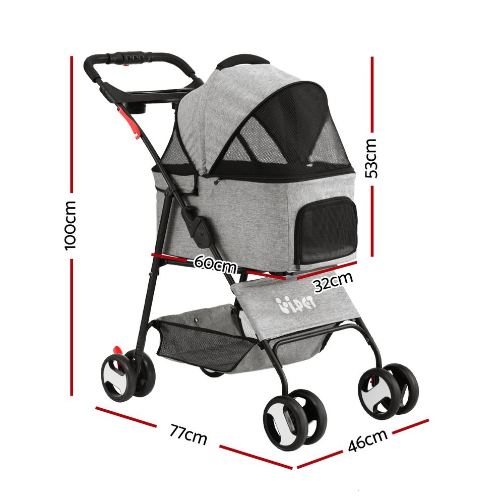 i.Pet Pet Stroller Dog Pram Cat Carrier Travel Large - PET-STROLLER-4WL-M-GR