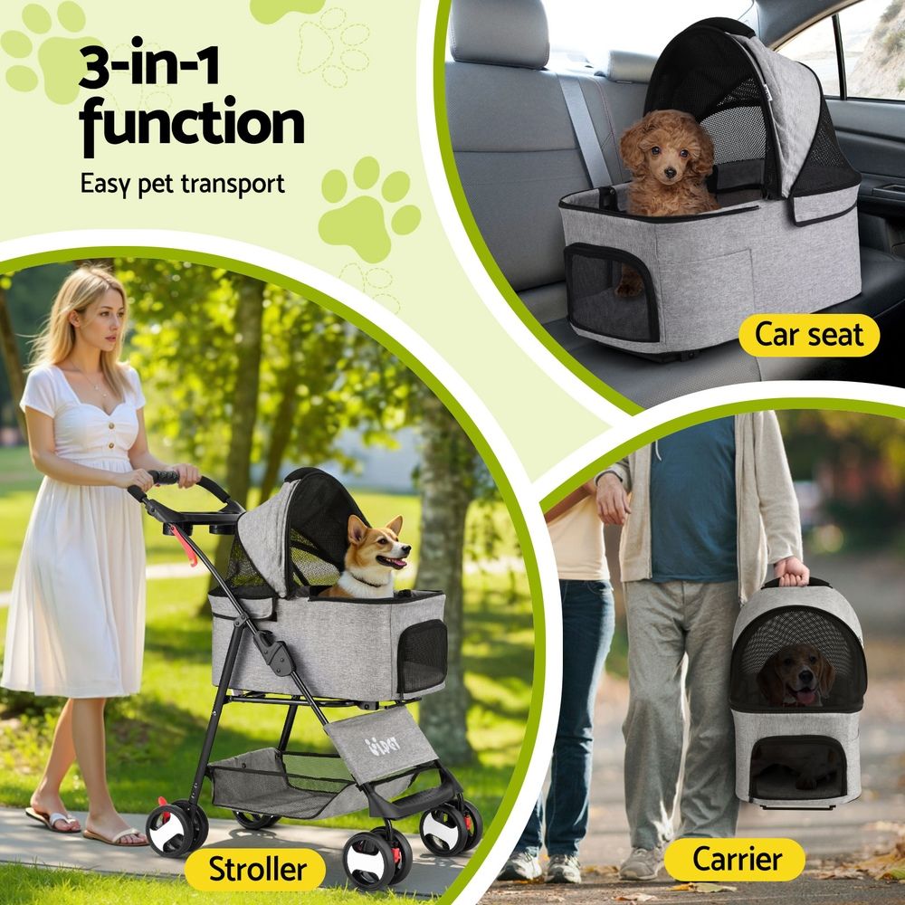 i.Pet Pet Stroller Dog Pram Cat Carrier Travel Large - PET-STROLLER-4WL-M-GR