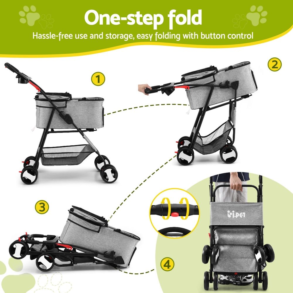 i.Pet Pet Stroller Dog Pram Cat Carrier Travel Large - PET-STROLLER-4WL-M-GR