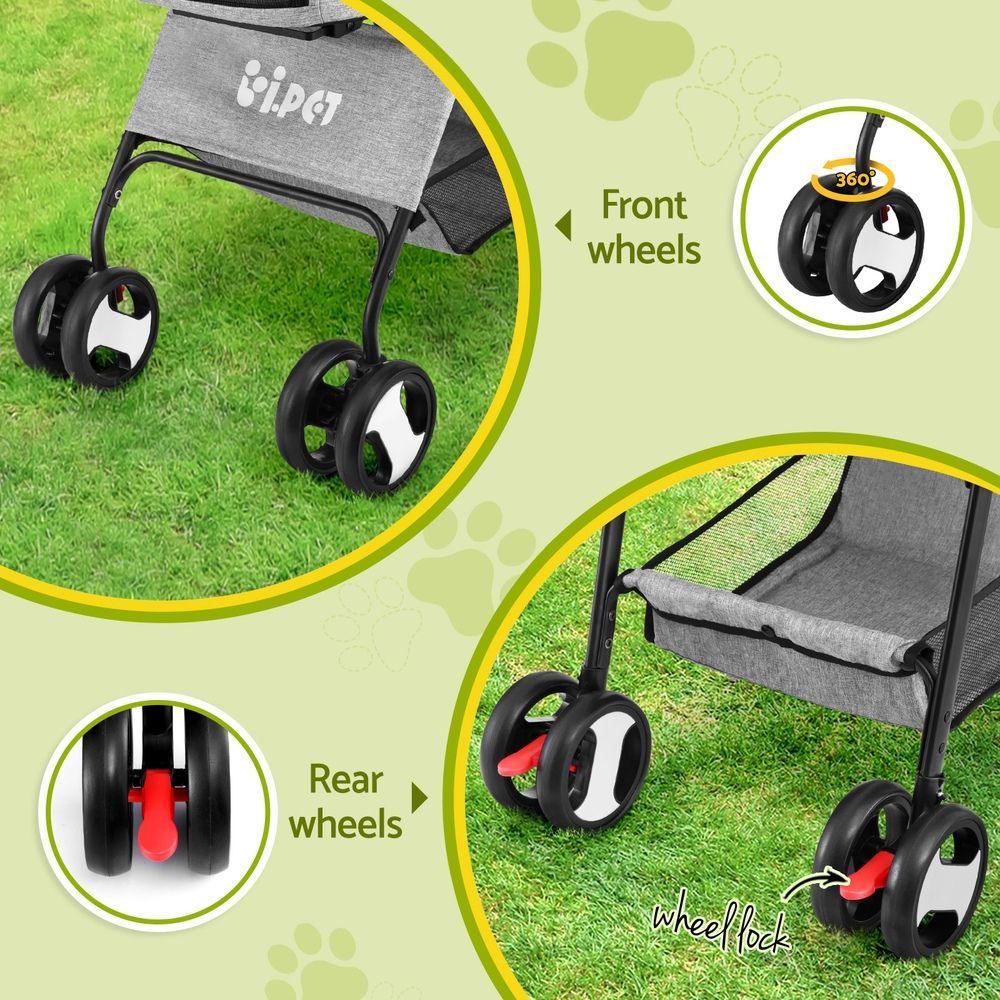 i.Pet Pet Stroller Dog Pram Cat Carrier Travel Large - PET-STROLLER-4WL-M-GR