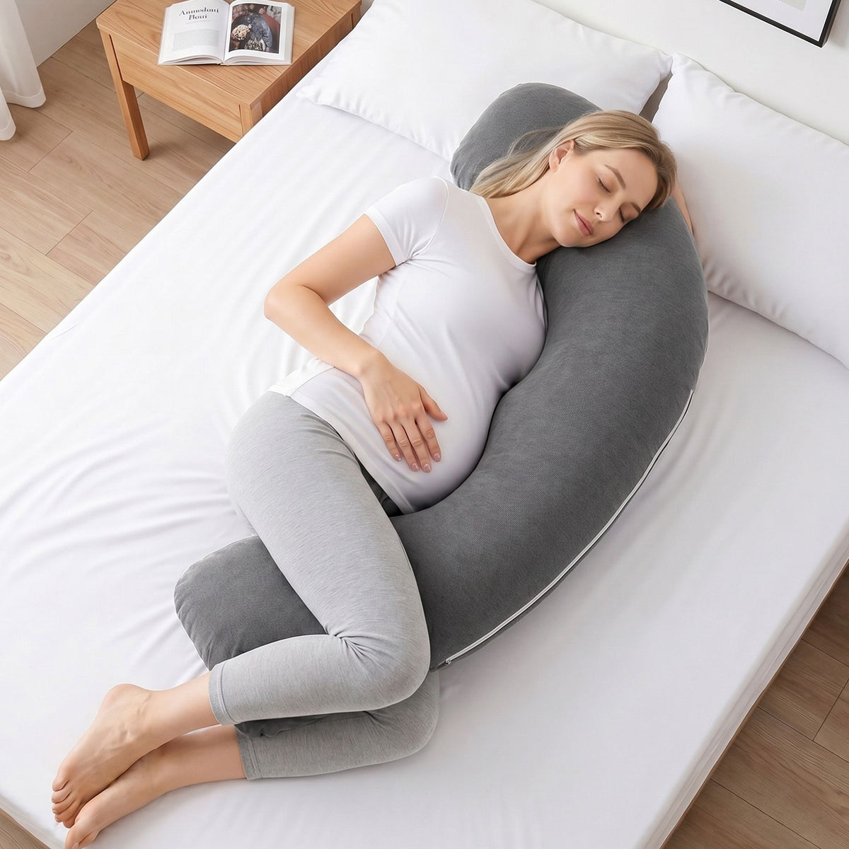 Giselle Bedding Pregnancy Pillow for Side Sleeping L-Shaped Maternity Body Pillow for Women 100% Cotton Jersey Cover for Head Neck Belly Support, 63x115 cm Grey