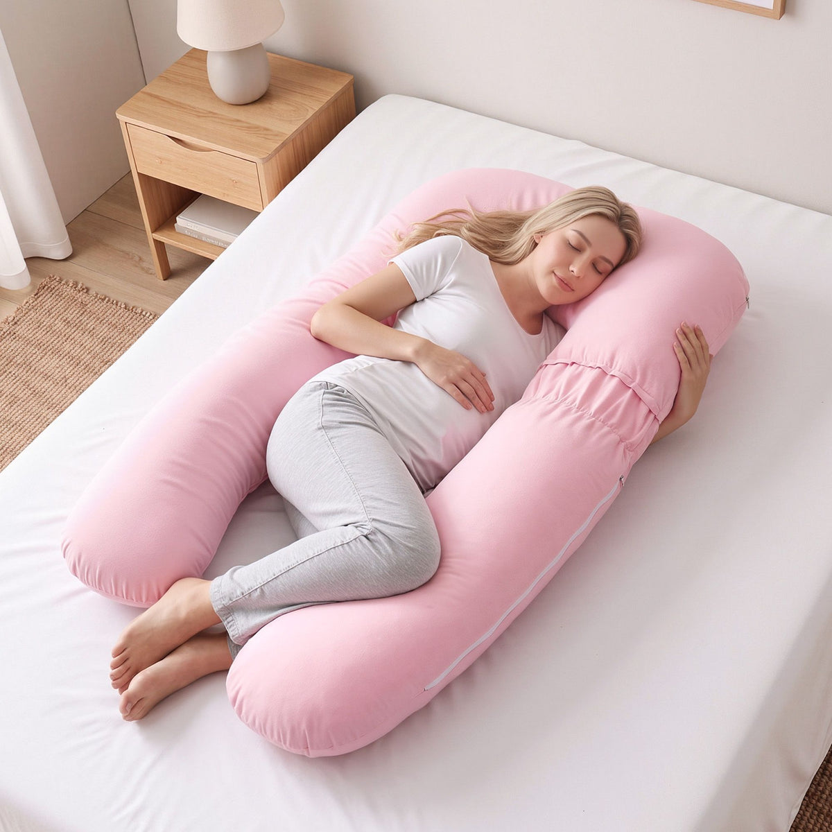 Giselle Bedding Pregnancy Pillow U Shaped Full Body Pillow with 100% Cotton Jersey Cover Maternity Pillow for Sleeping Reading, Pink, 73x133cm