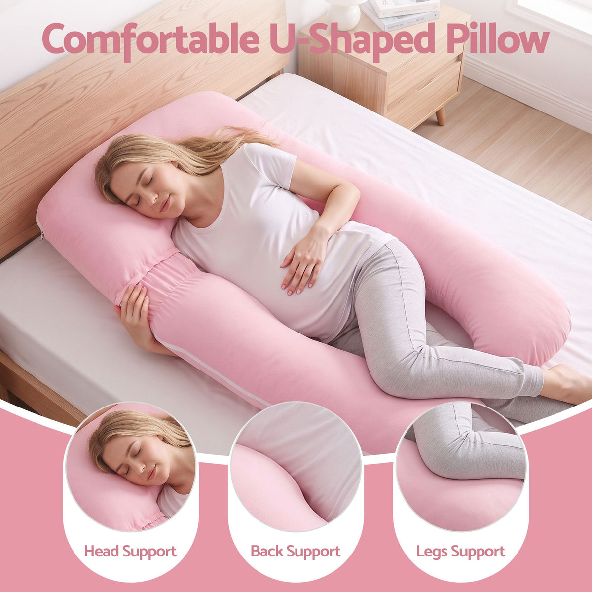 Giselle Bedding Pregnancy Pillow U Shaped Full Body Pillow with 100% Cotton Jersey Cover Maternity Pillow for Sleeping Reading, Pink, 73x133cm
